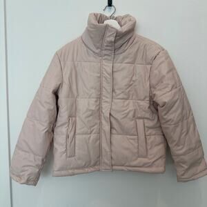 Miss Selfie pink faux leather collared zip up button up puffer jacket medium